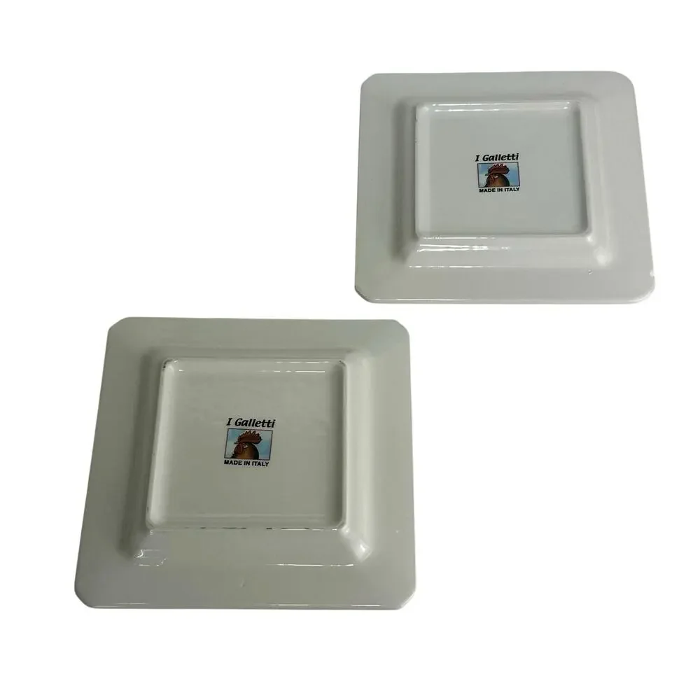 I Galletti 2 Square Ceramic Rooster Bread Plates Trinket Dishes Italy Farmhouse